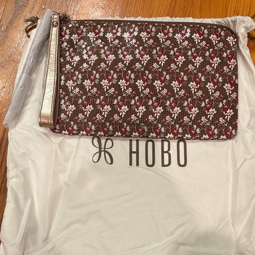 HOBO Leather Wayfare Ditzy Floral Wristlet Clutch - Brown and Burgundy New